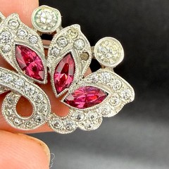 Vintage Pot Metal Flower Basket Rhinestone Brooch Silver Tone READ