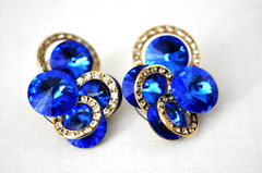 BRIGHT SAFFIRE BLUE CLIP EARRINGS WITH CLEAR STONES MAN MADE