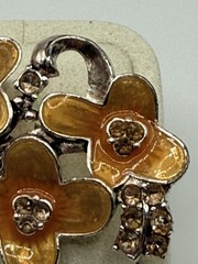 Vintage Pot Metal Brooch Flowers Orange Enamel Rhinestone