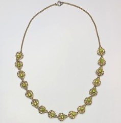 Vintage Gold Tone Necklace Filigree Petals With Lime Green Rhinestones 22”