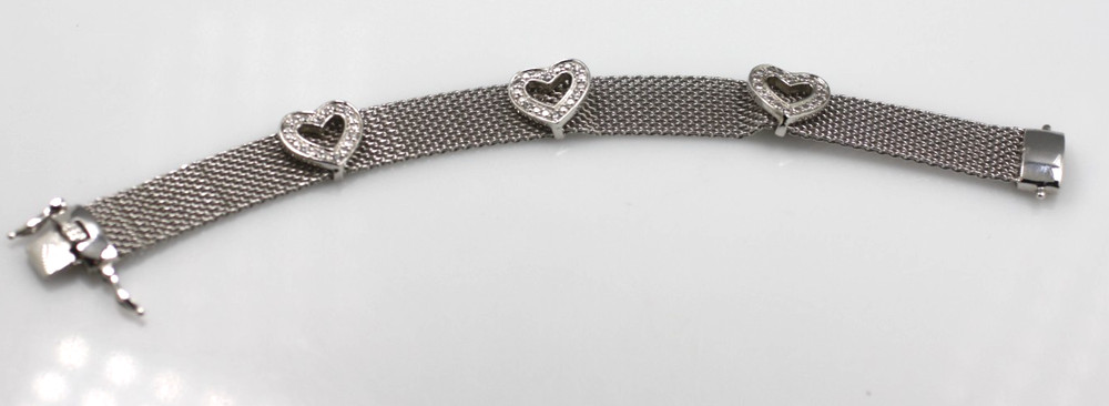 925 Sterling Silver Rhodium-plated Mesh CZ Heart station 6.75in Bracelet FAS