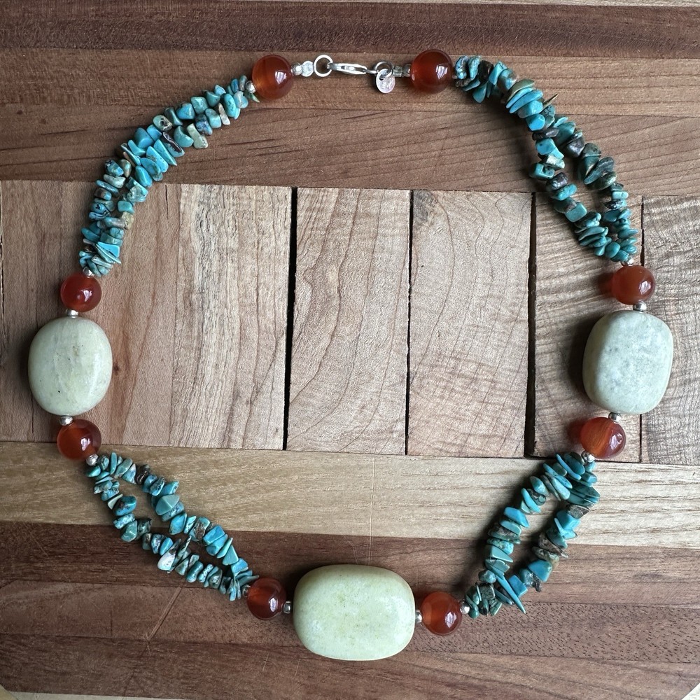 LJ Beaded Necklace 18 Inch Turquoise Carnelian Mutton Fat 925 Sterling 76.7g