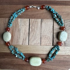 LJ Beaded Necklace 18 Inch Turquoise Carnelian Mutton Fat 925 Sterling 76.7g