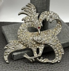 HUGE POT METAL Art Deco Phoenix Gryphon Bird Brooch Silver Tone Rhinestones READ