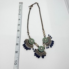 Vintage Antique Gold Tone Bib Necklace Floral Green Resin Navy Blue Bead Fringe