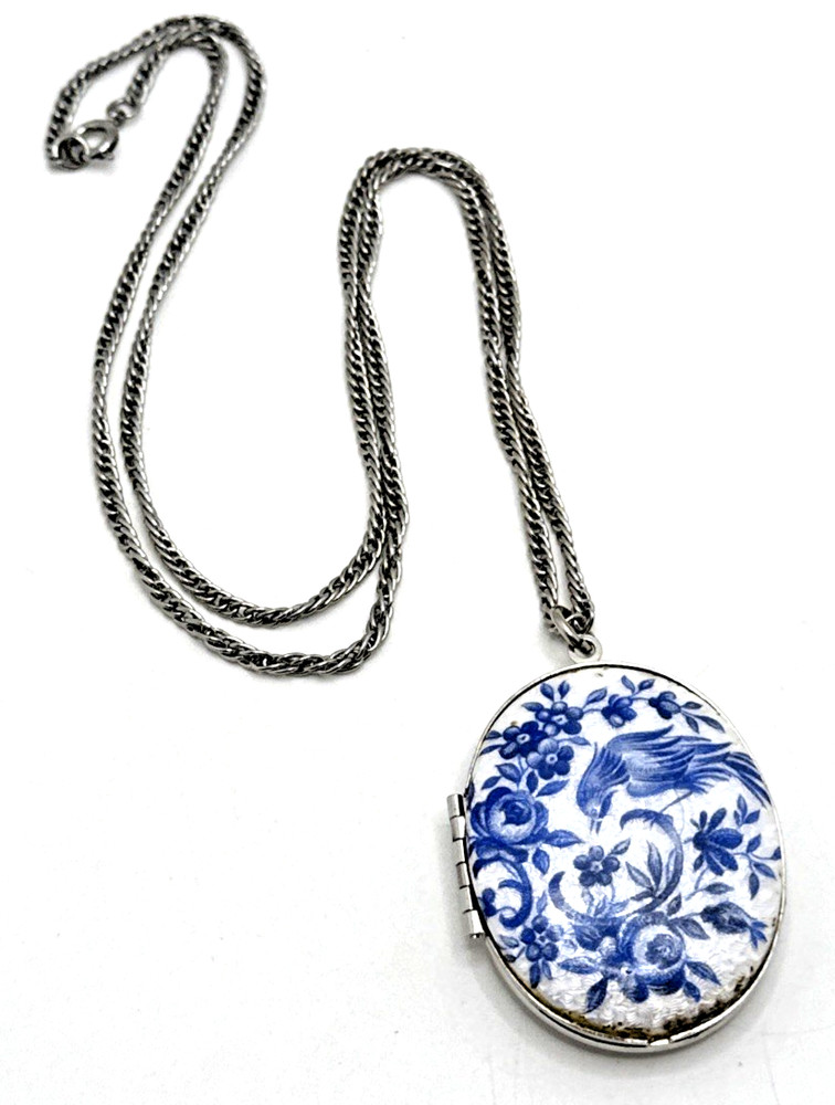 Vintage Guilloche Locket Blue White Enamel Bird of Paradise Floral 24″