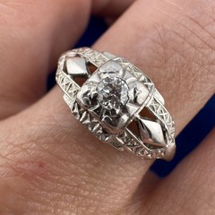 Vintage Art Deco 14K White Gold Old European Cut Diamond Filigree Ring Size 7