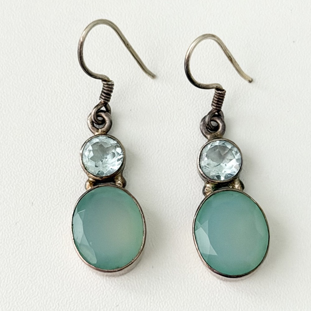 925 Sterling Silver Genuine Blue Topaz & Chalcedony Vintage Dangle Earrings