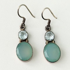 925 Sterling Silver Genuine Blue Topaz & Chalcedony Vintage Dangle Earrings