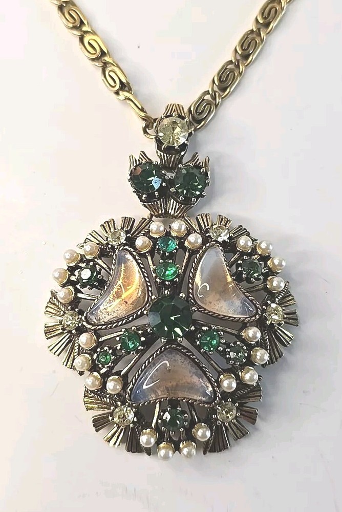 VTG Florenza Jeweled Gold Necklace Green Rhinestone Pearl Beauty Signed Italian