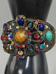 Vintage Red Blue Green Rhinestone Floral Filigree Heart Clamp Bracelet Size 6