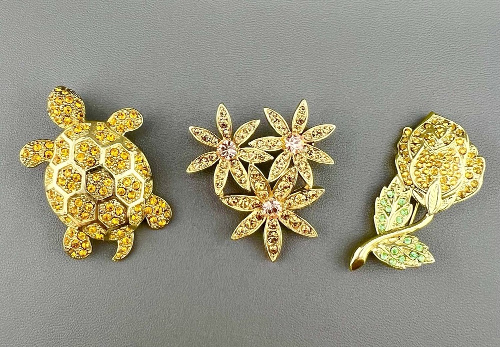 Vintage Rhinestone Brooch Lot Danecraft Liz Claiborne Turtle Flower Gold Tone