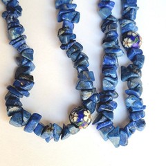 VTG Blue Lapis Sodalite Chip Cloisonne Enamel Beads Flower Necklace 34″ No Clasp