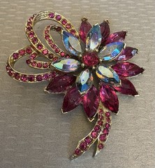 Vintage Signed Weiss Red Rhinestone Flower Brooch Cranberry Marquise Blue AB 3″