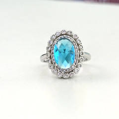 Ladies Light Blue & Clear CZ Halo Bezel Set White Gold Plated Ring Size 8