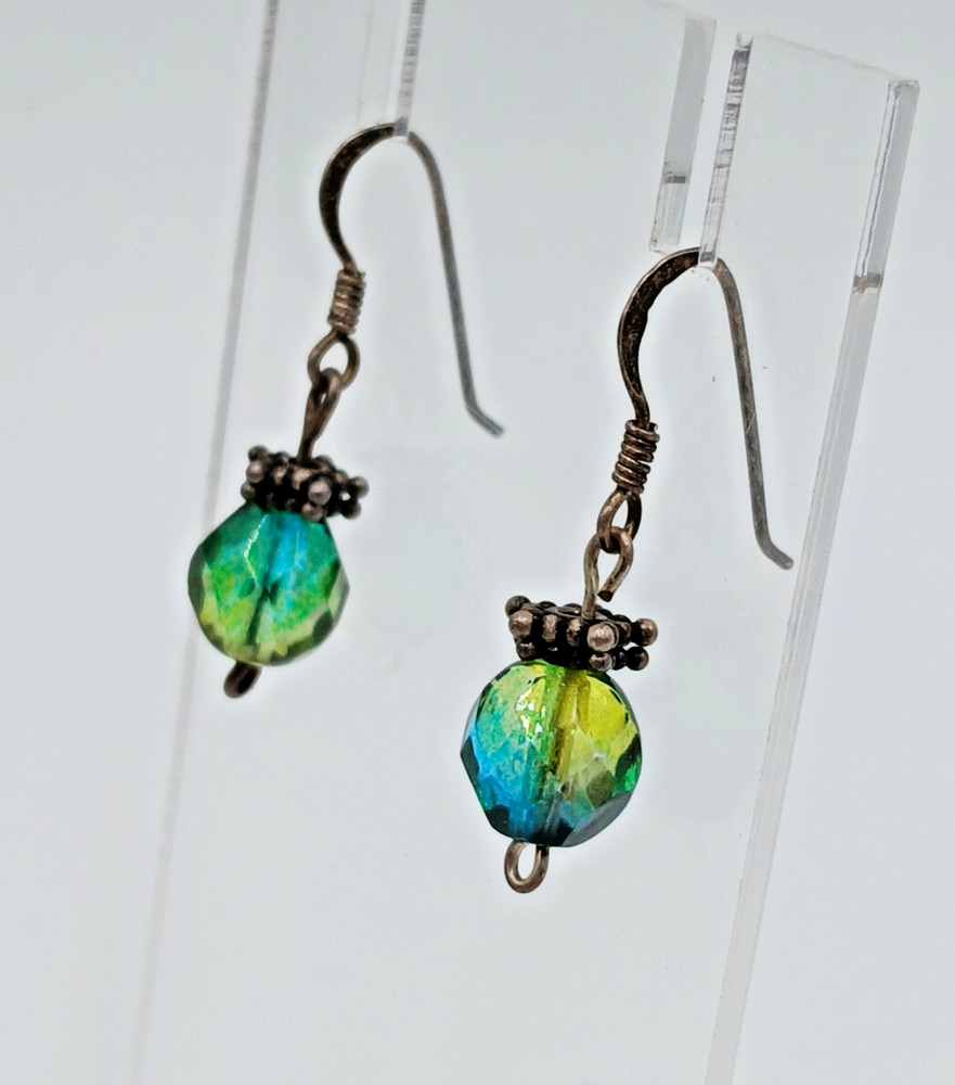 VTG 925 Faceted Glass 1in Drop Earrings Sterling Silver 2gtw Blue Green Swirl