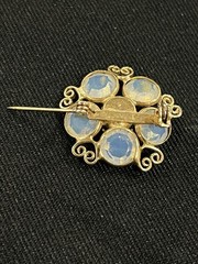 Vintage Opalite Glass Brooch Gold Tone Blue Moonstone Style Rhinestones