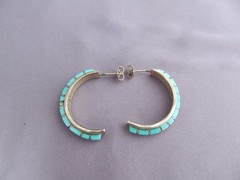 VINTAGE OLD PAWN STERLING ZUNI NASTACIO INLAY TURQUOISE PIERCED HOOP EARRINGS