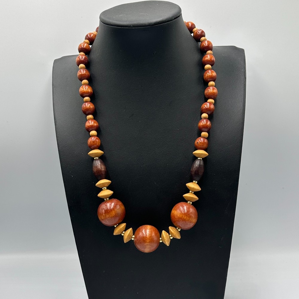 Vintage Wood Bead Necklace Brown Tan Graduated Round Barrel Beads 20 Inch