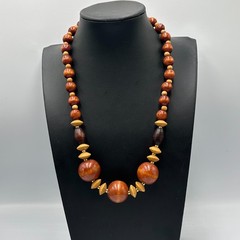 Vintage Wood Bead Necklace Brown Tan Graduated Round Barrel Beads 20 Inch