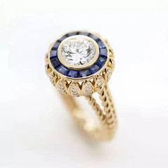 Art Deco Round Lab Created Diamond Sapphire Halo 14k Yellow Gold FN Wedding Ring