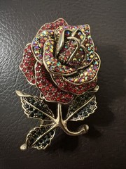 Pink Irridescent Rhinestone Rose Pin / Brooch – Large – Gold Toned Back