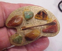 Vintage Artist Paint Palette Brooch Gold Tone W Multicolor Gemstone Chips Brush