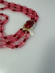 Vintage Pink & Ruby Red Lucite Acrylic Necklace 16” triple Strand statement