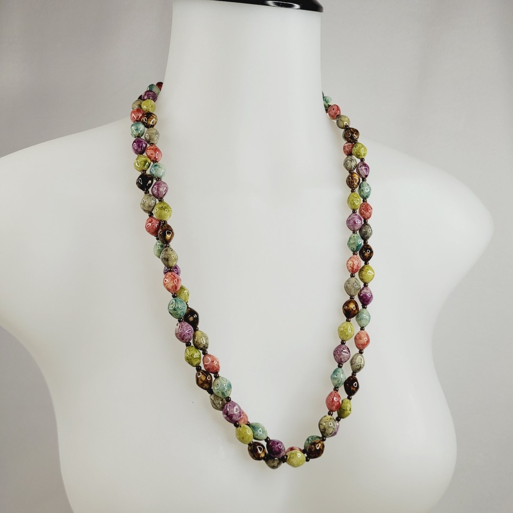 Vintage Acrylic Lucite Beaded Necklace Multicolor Artsy Watercolor 54″ Long
