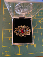 Costume Jewlery brooche, made in Taiwan ROC, two blue and 1 red stones.
