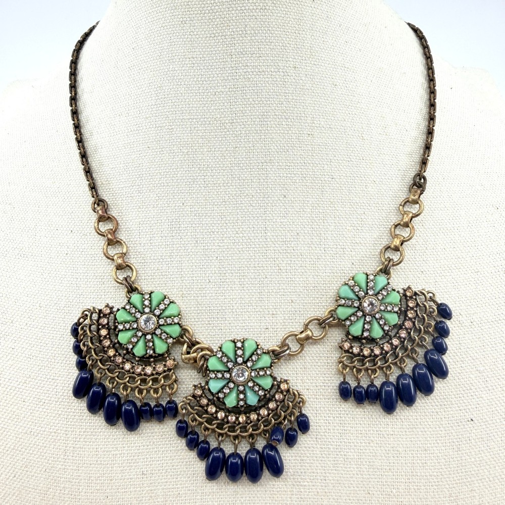 Vintage Antique Gold Tone Bib Necklace Floral Green Resin Navy Blue Bead Fringe