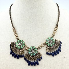 Vintage Antique Gold Tone Bib Necklace Floral Green Resin Navy Blue Bead Fringe