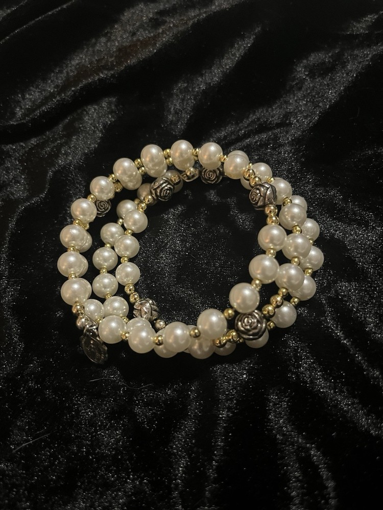 Vintage Faux Pearl Sterling Silver Coil Rosary Bracelet