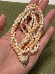 ESTATE TWISTED 3 GENUINE CORAL ORANGE AND PEARL NECKLACE SILVER TONE 16”