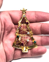 Vintage Open Wire Wrap & Multicolor Rhinestone Christmas Tree Pin / Brooch
