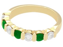 Vintage French 0.55 Ct Emerald and 0.80 Ct Diamond 18k Yellow Gold Ring 1980s