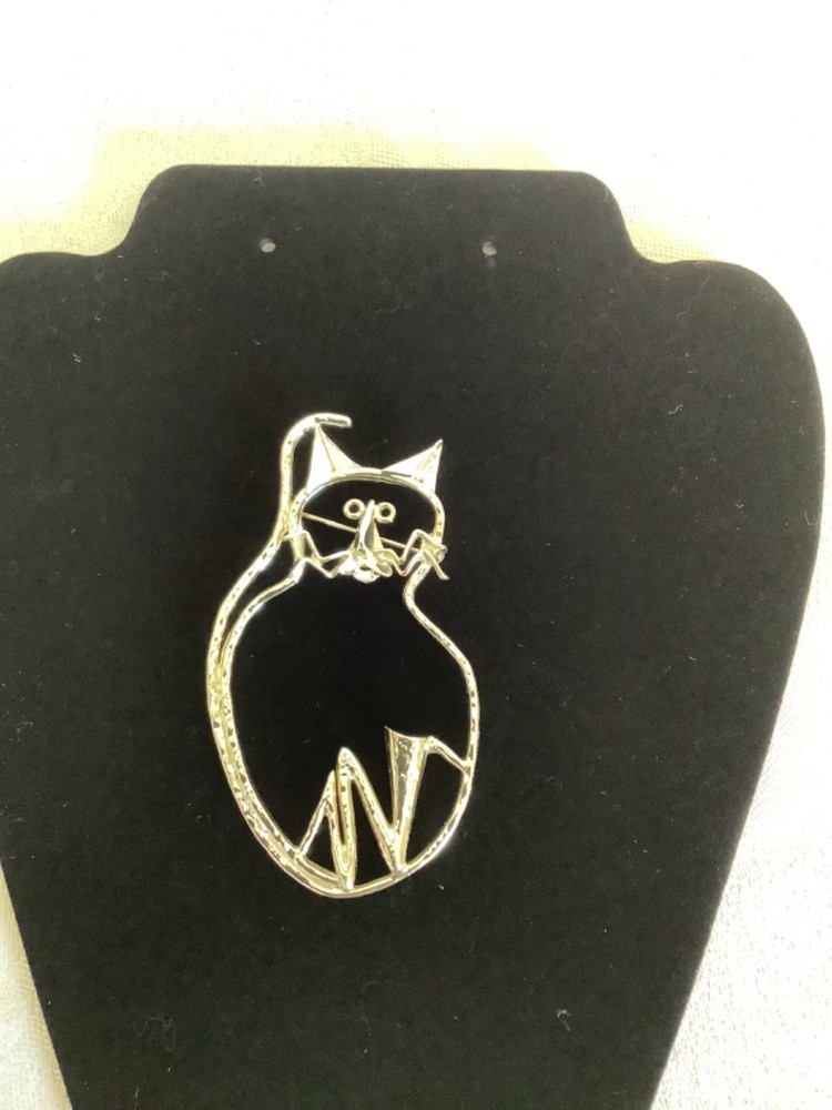 Silver Tone Cat Open Brooch Pin 3 1/2” tall