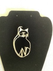 Silver Tone Cat Open Brooch Pin 3 1/2” tall