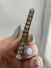 Antique Rhinestone Bar Brooch Gold Tone White Stones 2 5/16″ LONG PIN Prong Set