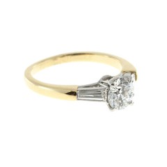 Vintage .90ct Ideal GIA Round Diamond Tapered Baguette 18k Gold Platinum Ring