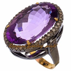 Stunning 1.03ctw Rose Cut Diamond Amethyst Studded Silver Victorian Ring Jewelry
