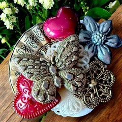 Handmade Assemblage Brooch Butterfly Heart Mixed Media Art Pin Vintage Buttons