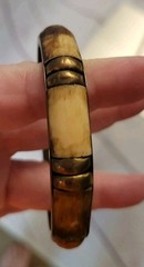 Vintage Bohemian Brass Horn Bone Bangle Bracelet 3″ Gold Cream