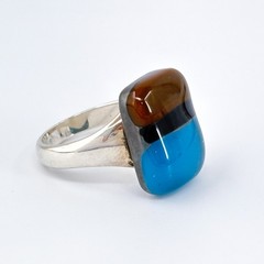 Vintage Ross Simons Sterling Silver 925 Blue Brown Black Fused Glass Ring Size 7