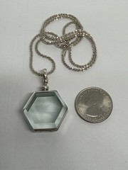 Vintage Aqua Hexagon Glass Locket Pendant Necklace 925 Sterling Silver 20”