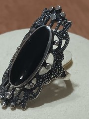 Vtg 925 SETA black Onyx Marcasite Ring Size 5.75