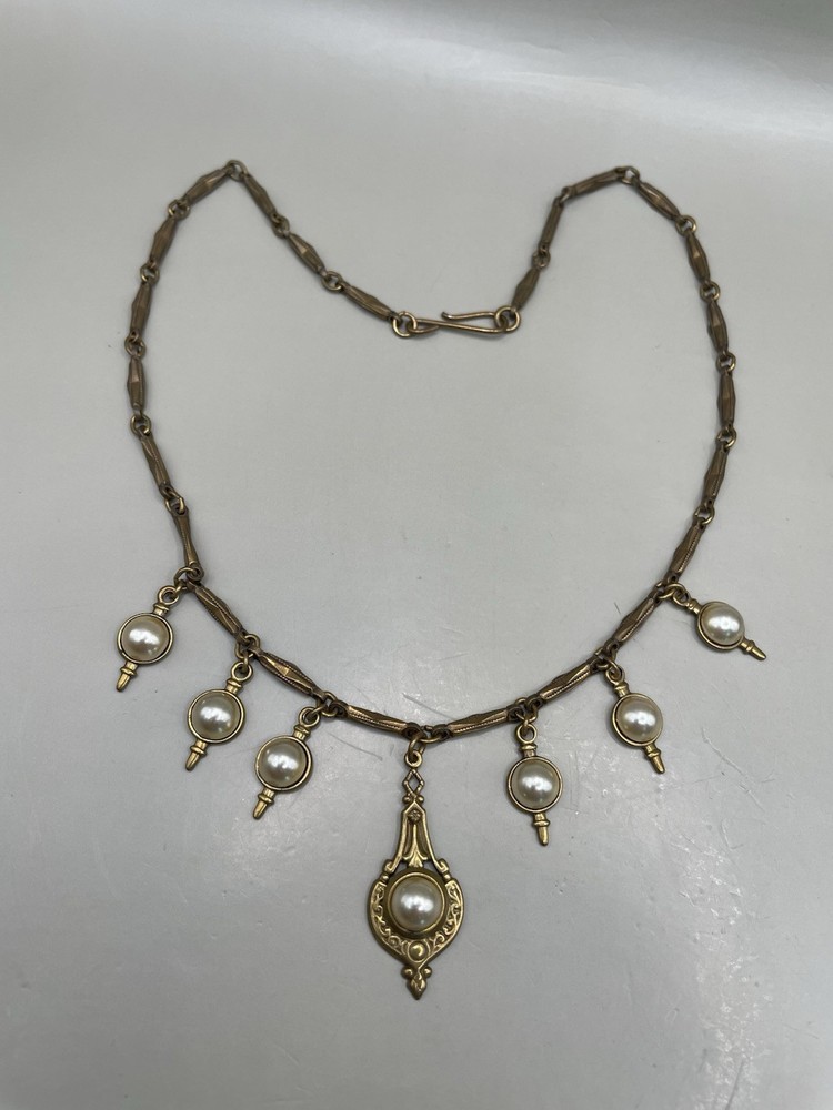 VTG Edwardian Style Bronze Tone Faux Pearls Dangle Pendant 16.5” Necklace