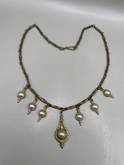 VTG Edwardian Style Bronze Tone Faux Pearls Dangle Pendant 16.5” Necklace