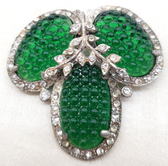Vintage Antique Art Deco Green Waffle Glass Pot Metal Rhinestone Brooch HTF