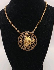 Vintage Art Nouvea Style Topaz Crystal Dragon Filigree Mixed Metal Necklace